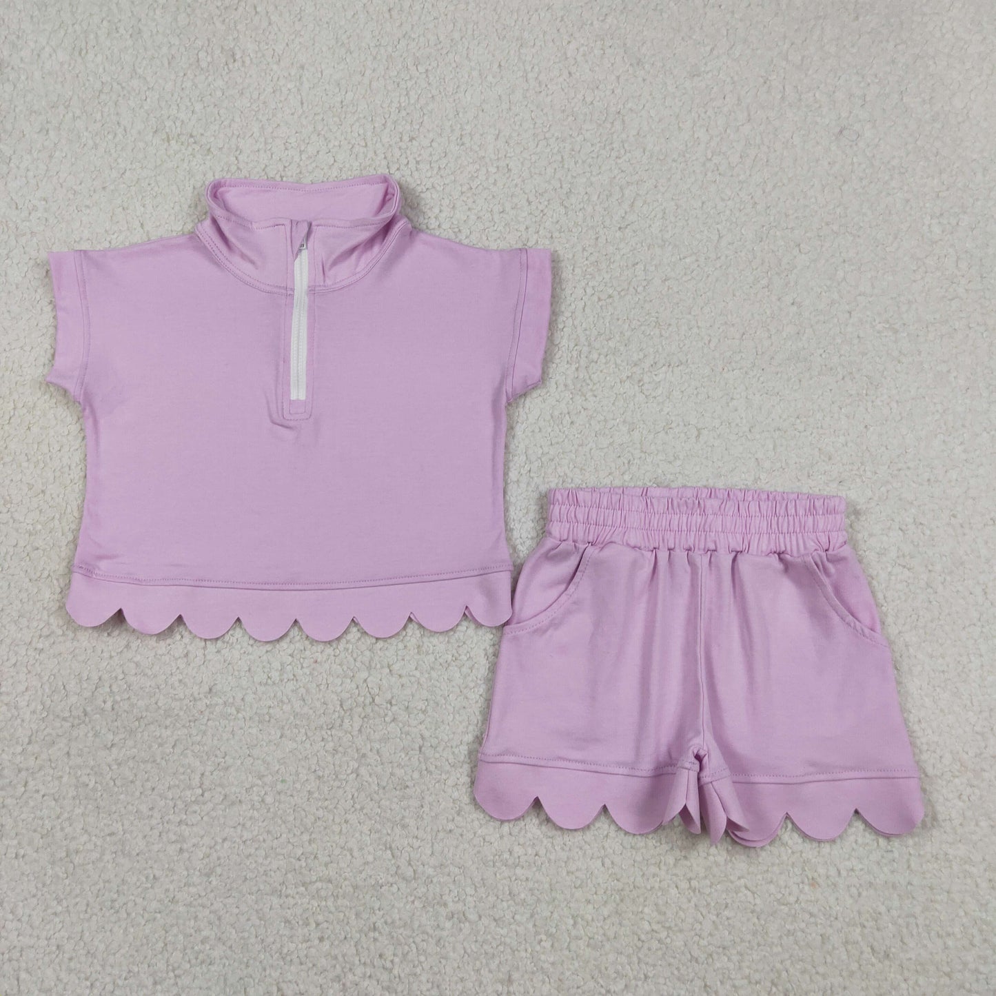 Baby Girls Kids Short Sleeves Zipper Shirt Scallop Shorts Set RTS