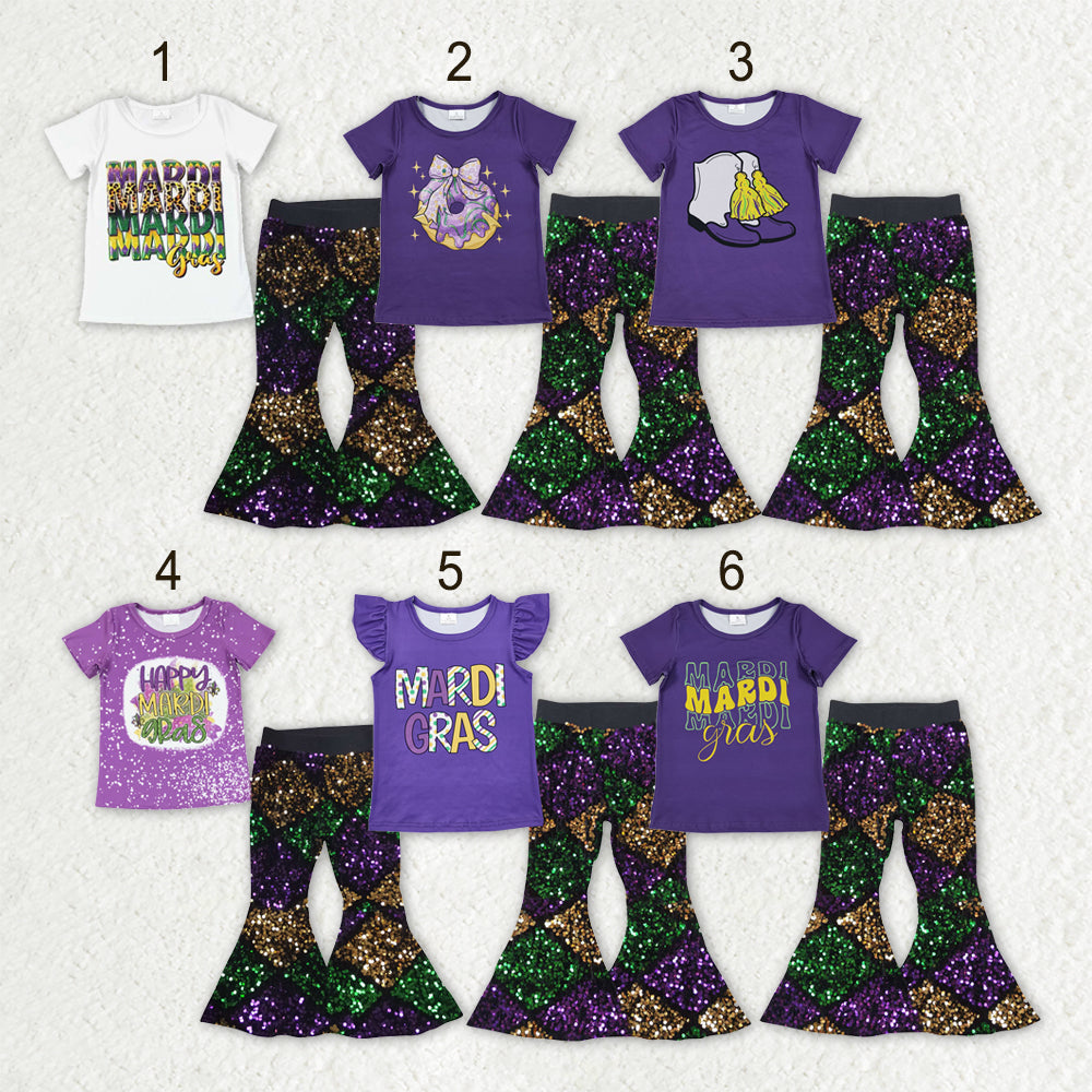 Sibling Baby Girls Short Sleeves Shirts Plaid Sequins Bell Pants Sets Mardi Gras Clothes RTS