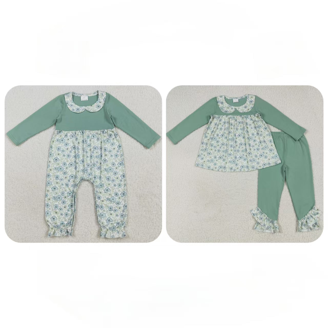 Baby Girl Toddler Long Sleeves Flower Sibling Green Romper Set Clothes RTS
