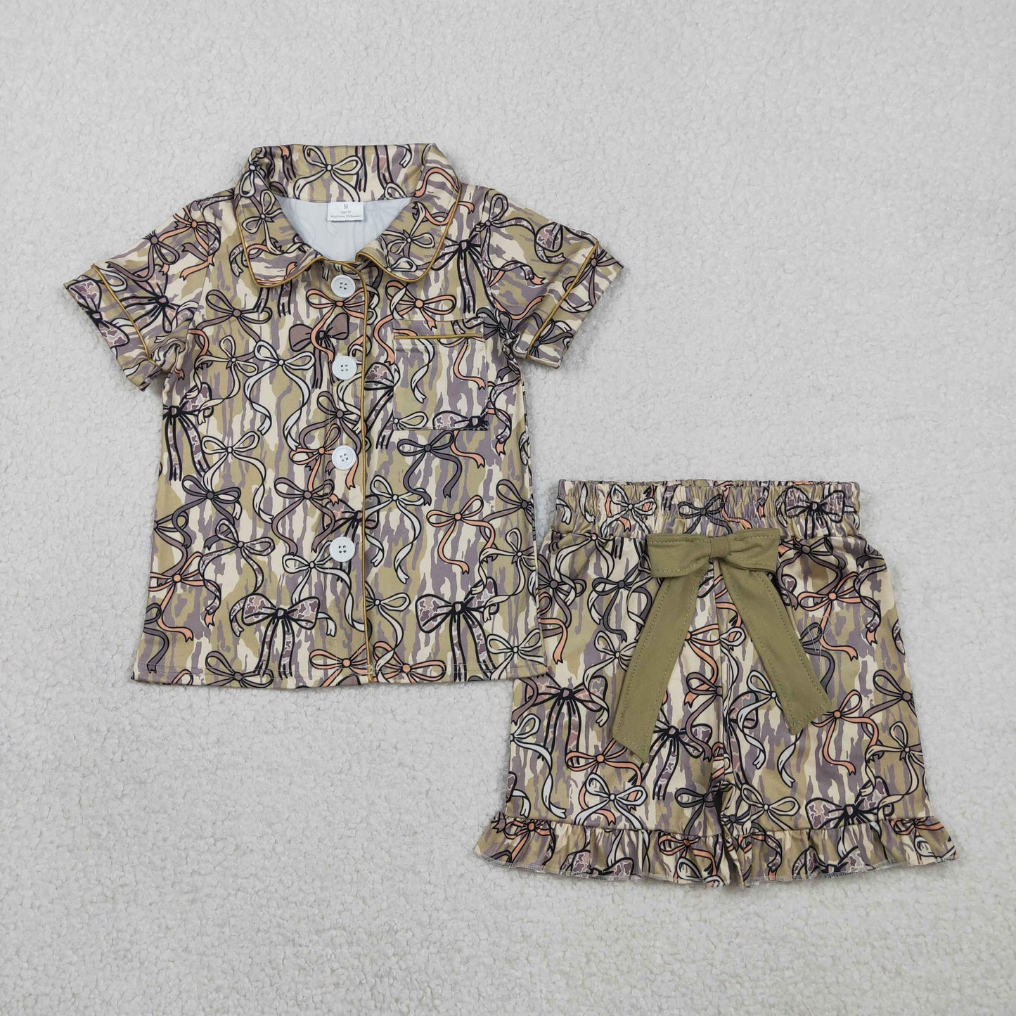 Baby Girls Kids Short Sleeves Camo Bows Buttons Shirt Shorts Pajamas Clothes Set RTS