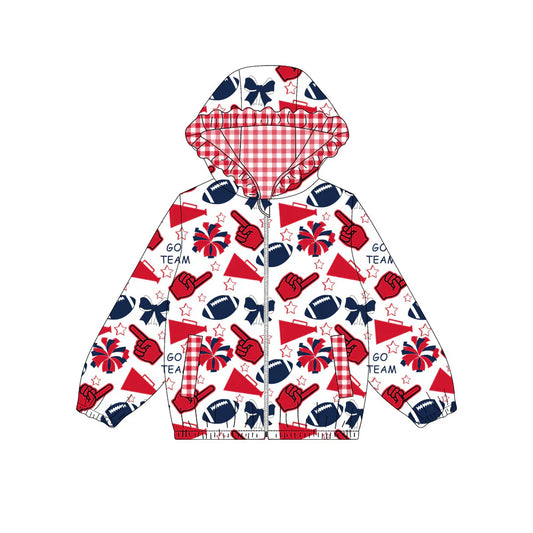 ( Moq 5 ) Baby Girls Kids Bows Cheer Red Plaid Pockets Team Hoodie Zipper Football Coat Tops