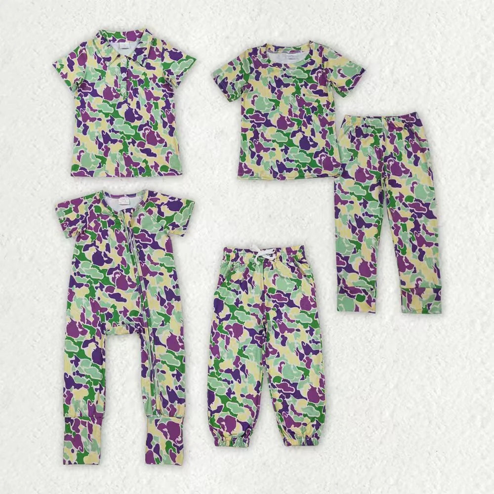 Sibling Baby Boys Camo Short Sleeves Mardi Gras Buttons Shirt Zipper Romper Pants Pajamas Set RTS