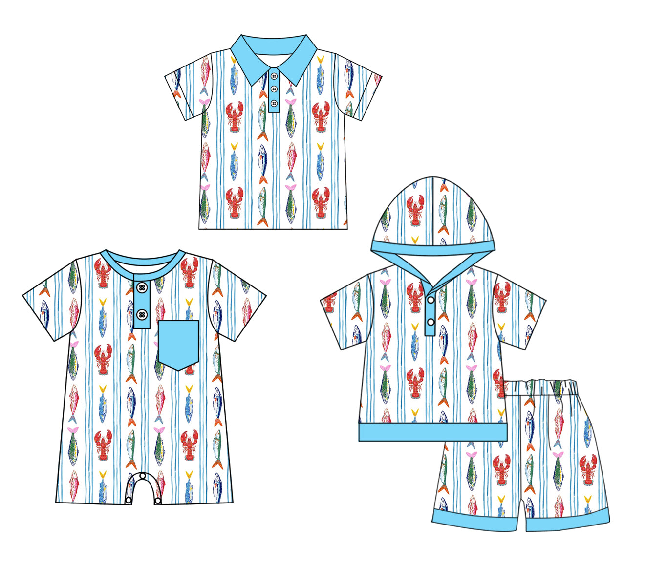 ( Moq 5 Each Style ) Sibling Baby Boys Kids Short Sleeves Fish Romper Shirt Set Clothes