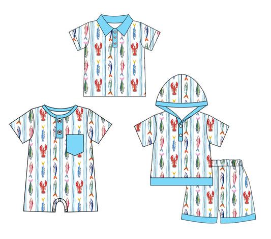 ( Moq 5 Each Style ) Sibling Baby Boys Kids Short Sleeves Fish Romper Shirt Set Clothes