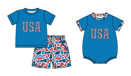 ( Moq 5 Each Style ) Sibling Baby Boys Kids Shirt Pockets Shorts USA 4th of July Camo Set Romper