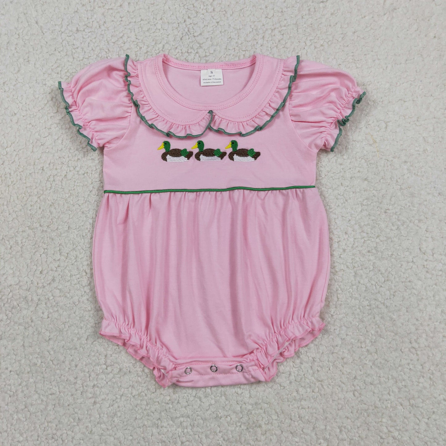Baby Girls Short Sleeves Embroidery Ducks Pink Ruffle Bubble Romper RTS