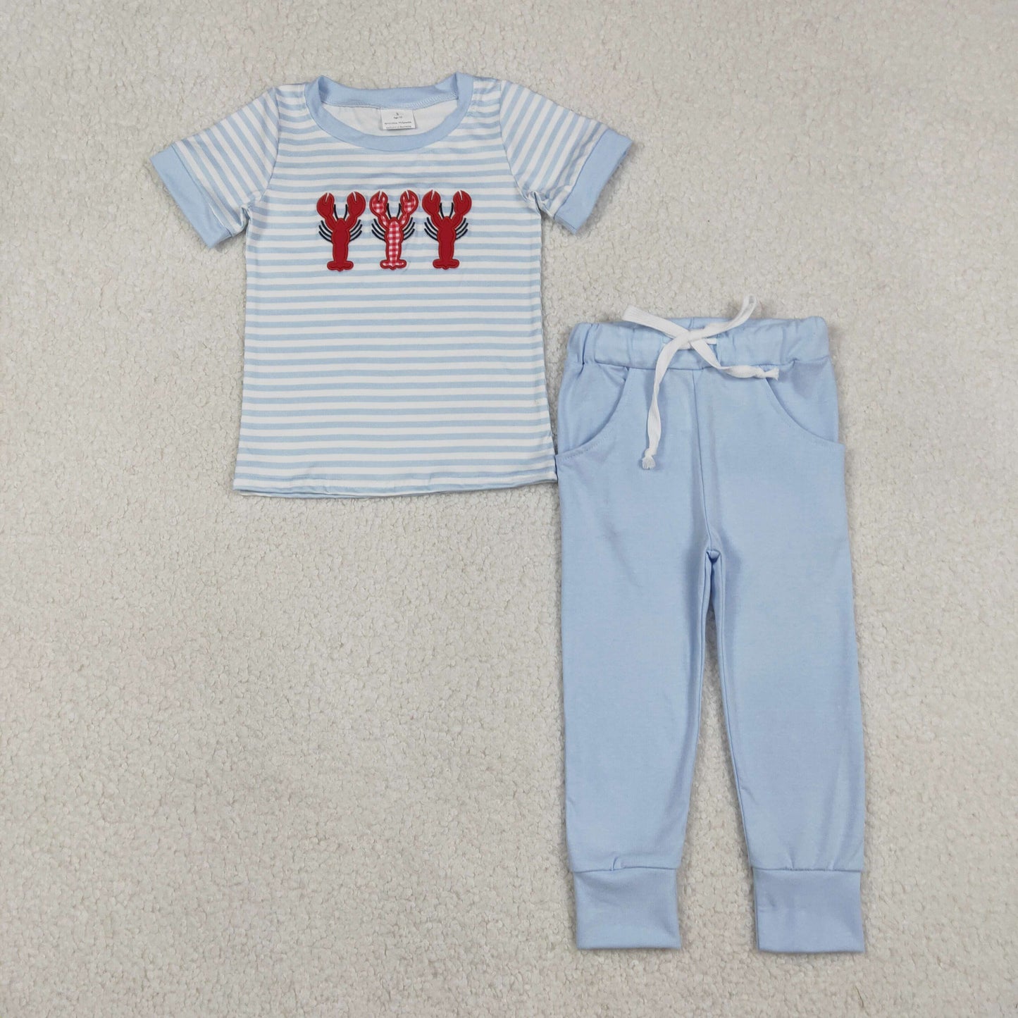 Baby Boys Short Sleeves Embroidery Crawfish Stripes Shirt Blue Pockets Pants Set RTS
