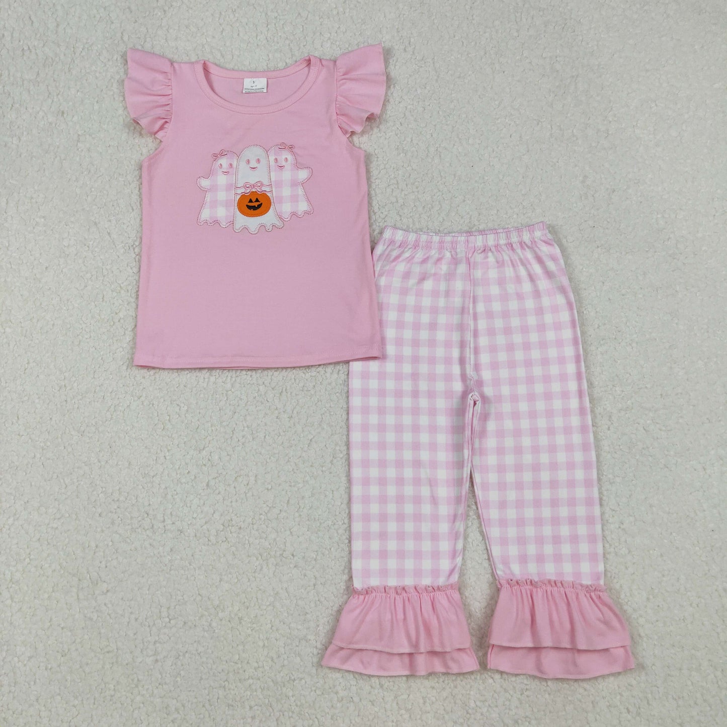 Boys Kids Short Sleeves Embroidery Ghosts Pumpkin Shirt Blue Plaid Pants Halloween Set RTS