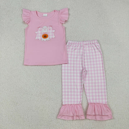 Boys Kids Short Sleeves Embroidery Ghosts Pumpkin Shirt Blue Plaid Pants Halloween Set RTS