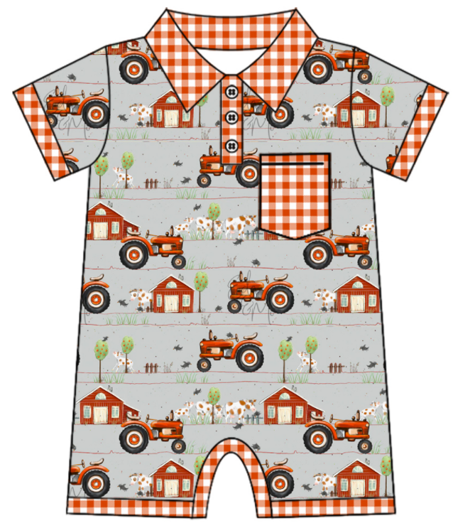 Baby Boy Girl Farm Tractor Cow Sibling Matching Green Dress Romper Clothes Set ( Moq 5 Each style )