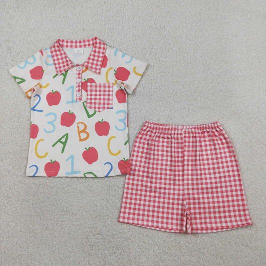 Baby Boys Kids Short Sleeves Apple Shirt Red Plaid Shorts Back to School Set RTS