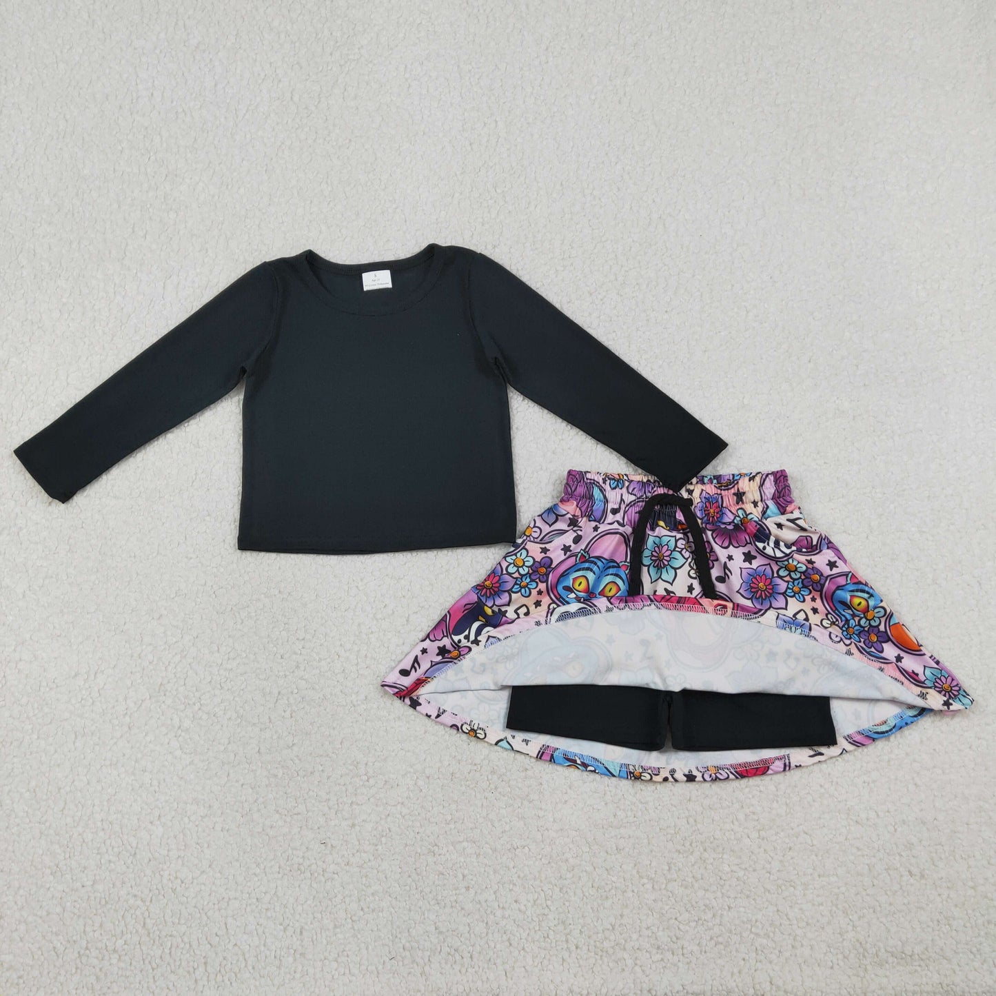Baby Girls Kids Black Long Sleeves Shirt Movie Characters Flower Pockets Skort Set RTS