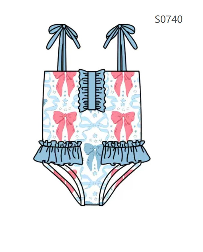 ( Moq 5 ) Preorder Baby Girls Kids Red Blue Bows Ruffle Summer One-piece 4th of July Swimsuit