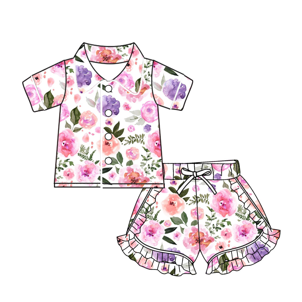 Baby Girl Short Sleeves Buttons Shirt Ruffle Shorts Pajamas Flower Set Moq 5