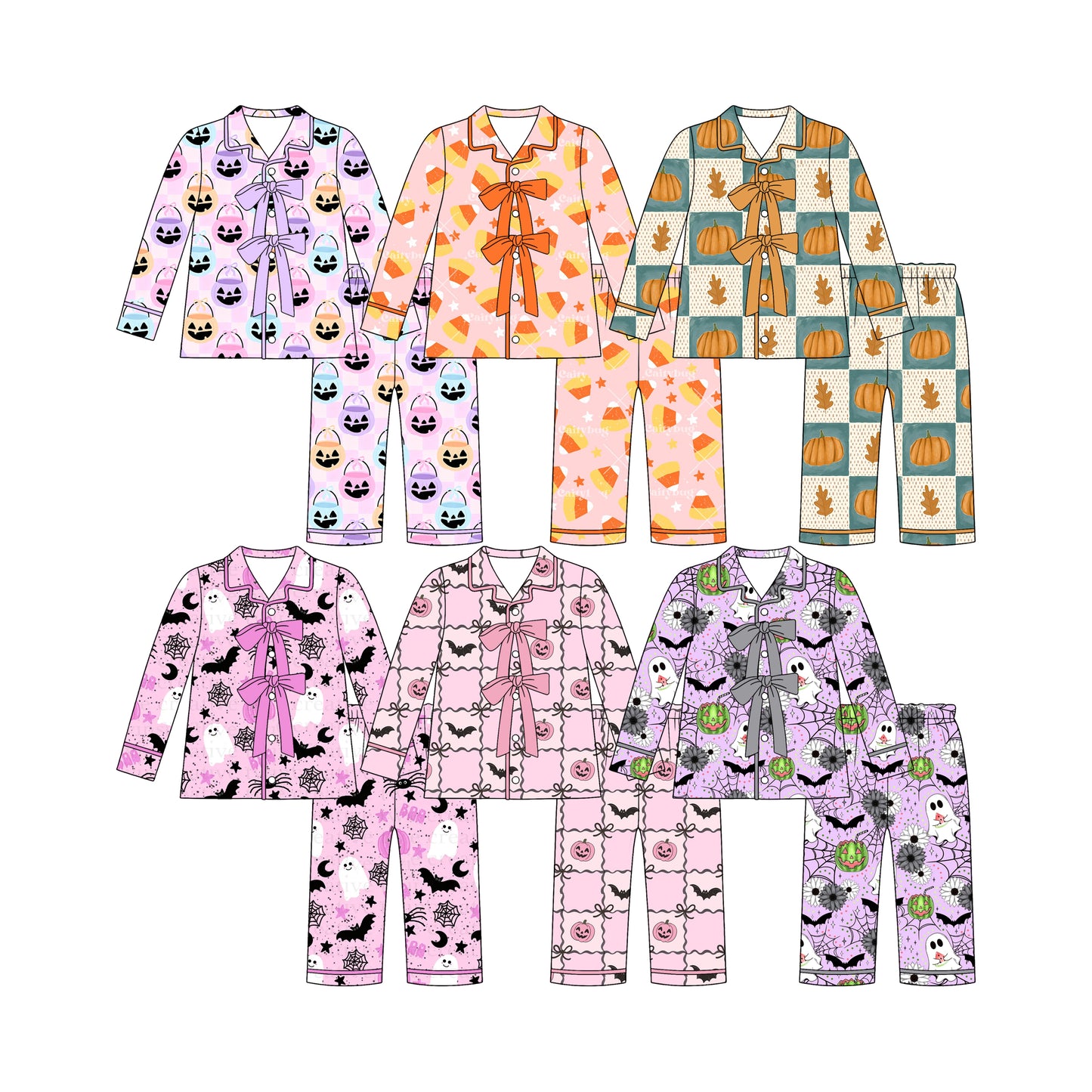 ( Moq 5 Each Style ) Sibling Baby Girls Kids Long Sleeves Pumpkins Bows Shirts Pants Sets Halloween Pajamas Clothes