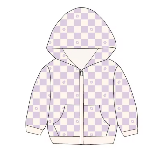 Baby Girl Long Sleeves Flower Checkered Purple Hooded Tops