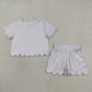 Baby Girls Kids Short Sleeves Plaid Shirt Scallop Shorts Purple Clothes Set RTS