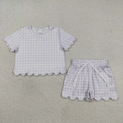 Sibling Baby Girls Kids Short Sleeves Plaid Tops Scallop Shorts Outfits Summer Clothes RTS