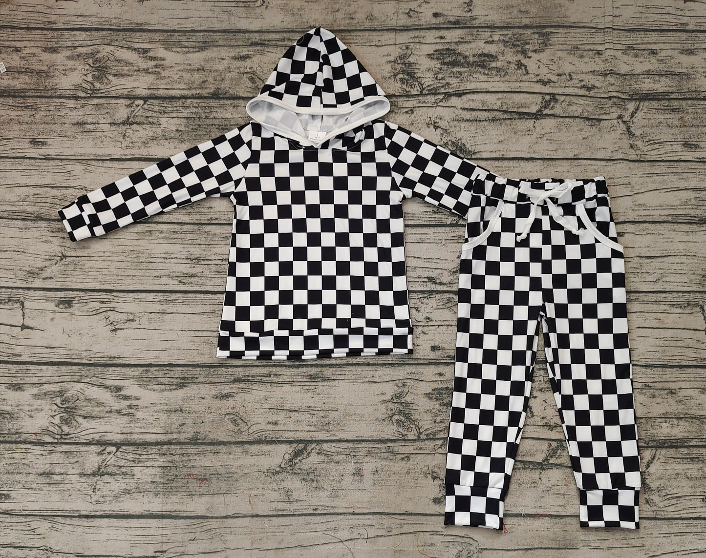 No moq Pre-order GLP1054 Baby Boy Long Sleeves Hoodie Shirt Checkered Pocket Pants Set