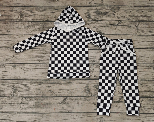 No moq Pre-order GLP1054 Baby Boy Long Sleeves Hoodie Shirt Checkered Pocket Pants Set