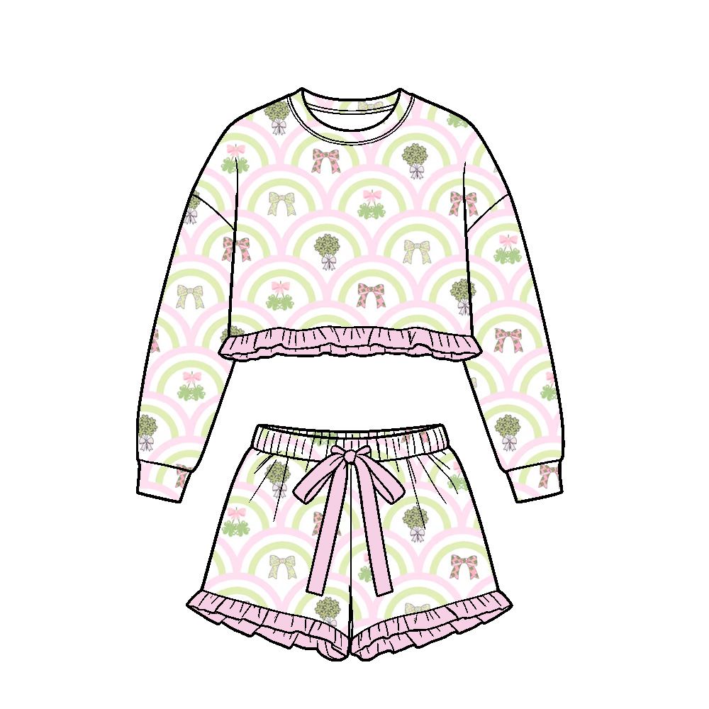 ( Moq 5 ) Preorder Baby Girls Kids Long Sleeves Clovers Bows Shirt Shorts Set St Patrick Clothes