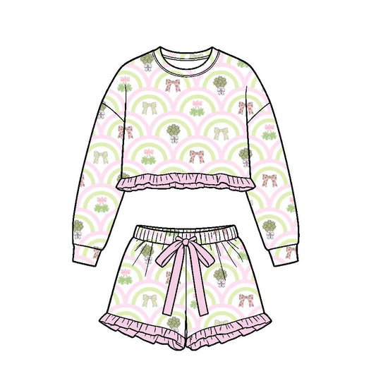 ( Moq 5 ) Preorder Baby Girls Kids Long Sleeves Clovers Bows Shirt Shorts Set St Patrick Clothes