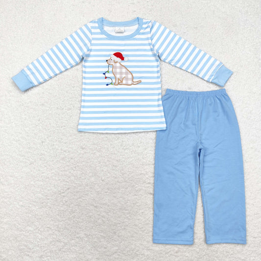 Baby Boy Christmas Dog Lights Embroidery Blue Stripes Shirt Cotton Pants Set