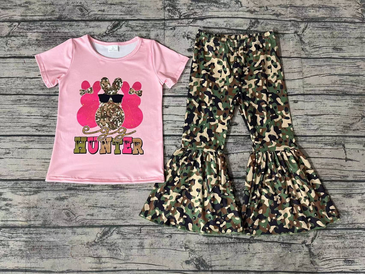 No moq Pre-order GSPO1049 Baby Girl Rabbit Shirts Camo Bell Pants Set