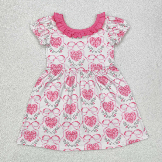 Baby Girl Short Sleeves Flower Hearts Bows Knee Length Pink Valentine Dress