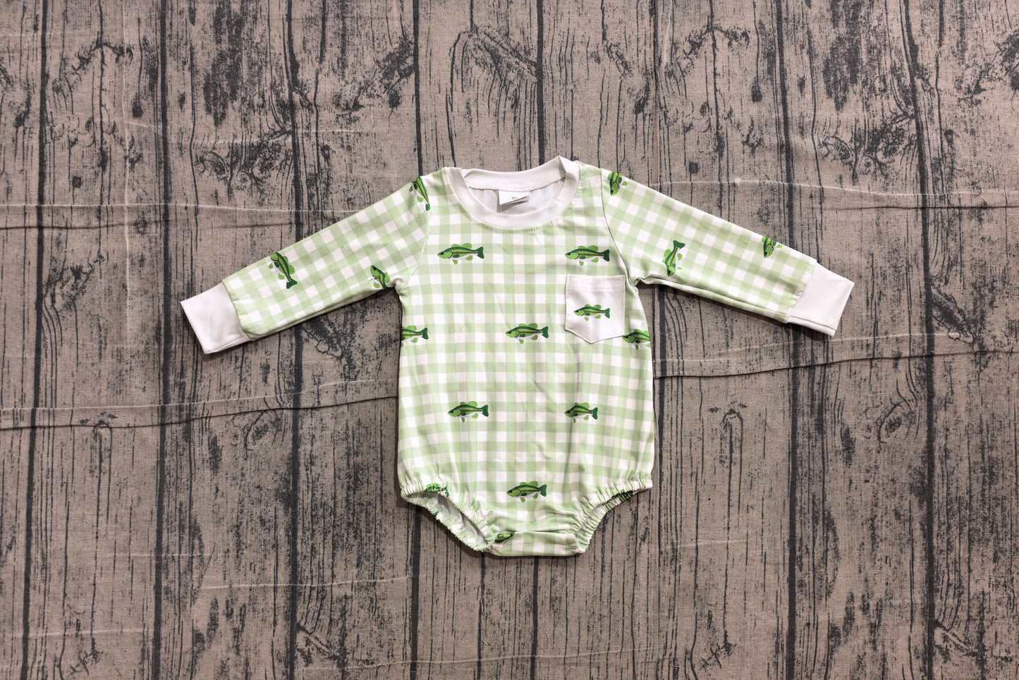( No moq ) Preorder Baby Boys Infant Long Sleeves Fish Green Plaid Pocket Romper Clothes