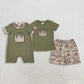 Sibling Baby Boys Green Short Sleeves Embroidery Box Camo Hunting Clothes Romper Set RTS