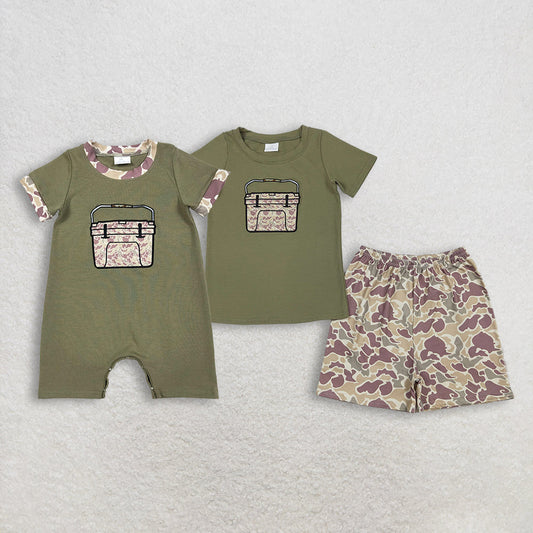 Sibling Baby Boys Green Short Sleeves Embroidery Box Camo Hunting Clothes Romper Set RTS