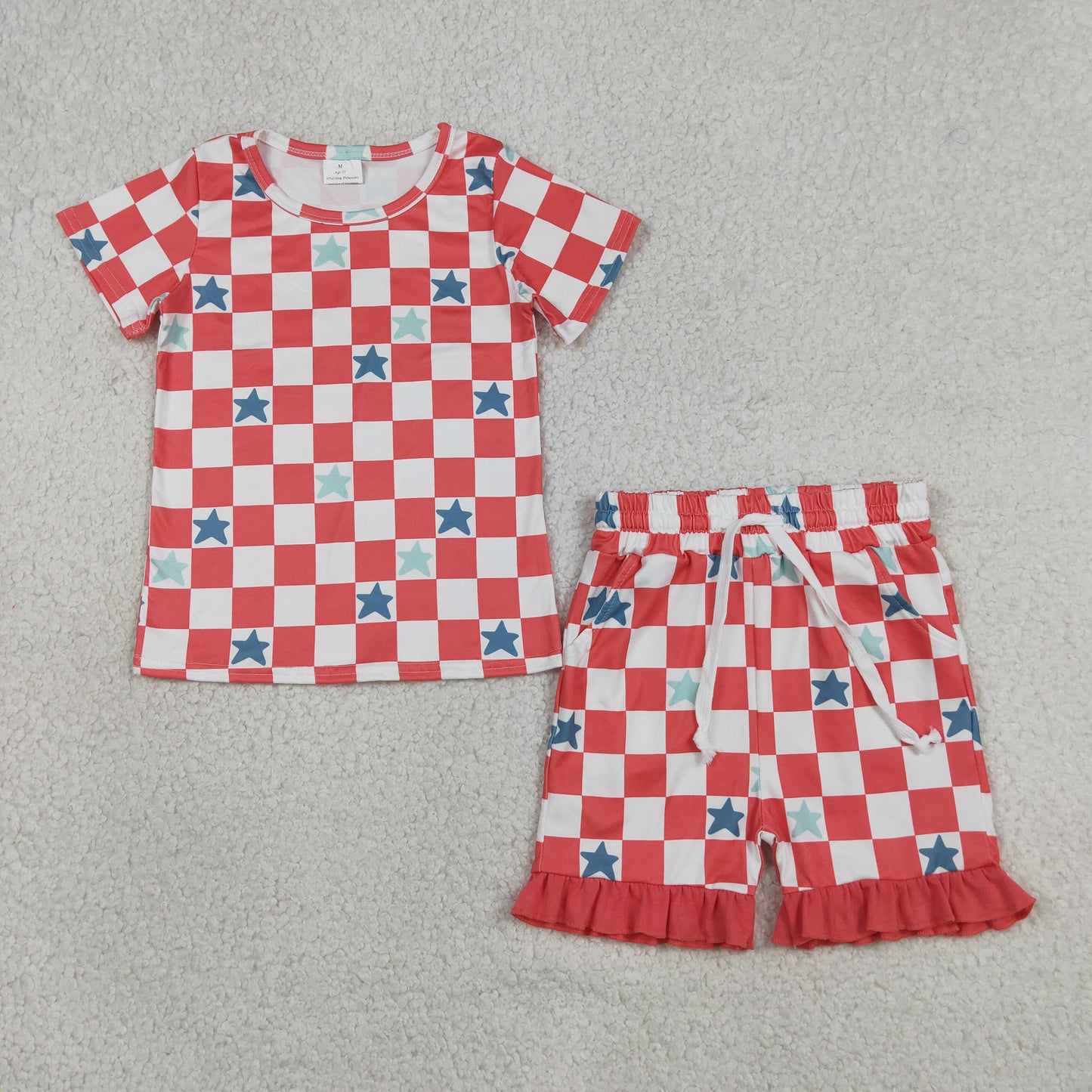 Baby Girls Kids Short Sleeves Checked Stars Shirt Pockets Shorts 4th of July Set RTS