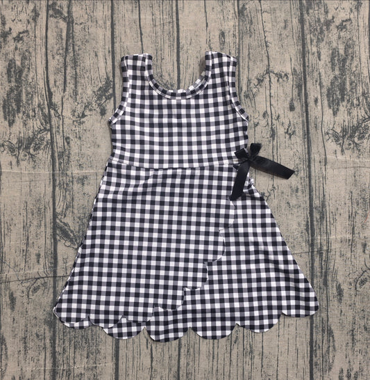 ( No moq ) Preorder Baby Girls Kids Sleeveless Black Plaid Scallop Yoga Knee Length Dress