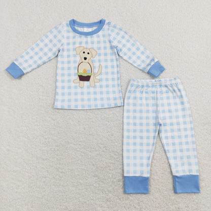 BLP0432 Baby Boy Long Sleeves Dog Eggs Shirt Plaid Pants Set Easter Pajamas