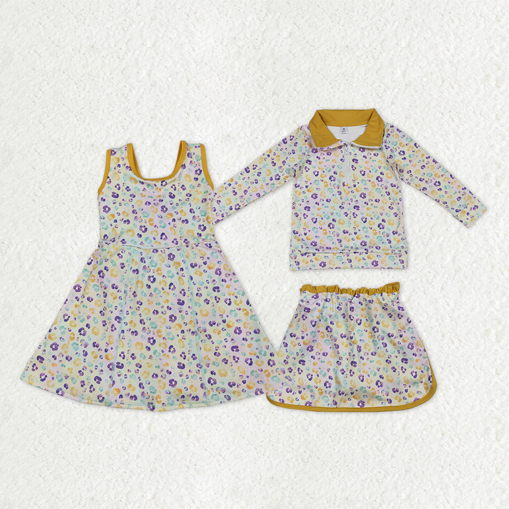 Sibling Baby Girls Kids Mardi Gras Leopard Skort Yoga Active Dress Zipper Set RTS