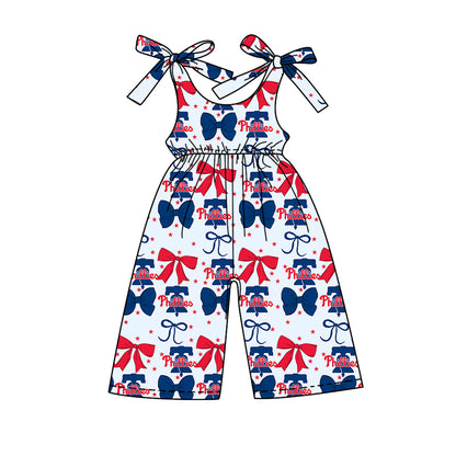 ( Moq 5 each style ) Baby Girl Toddler Team Red Blue Bows Sibling Jumpsuit Set 6.16