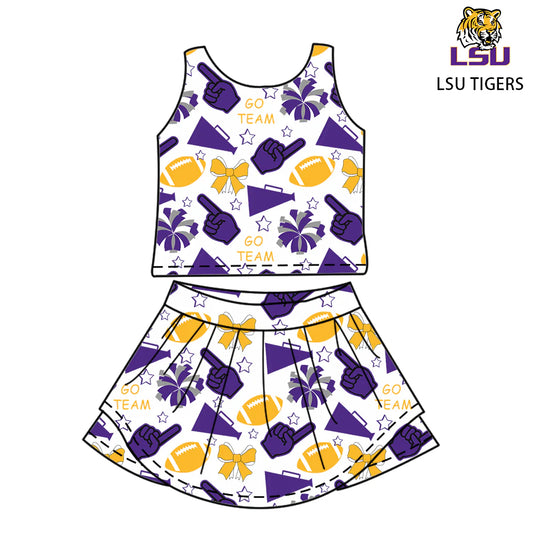 ( Moq 5 ) Baby Girl Toddler Sleeveless Football Team Bows Cheer Tops Purple Yellow Skort Set 6.7