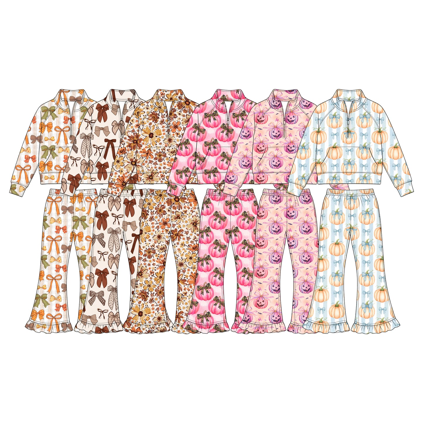 ( Moq 5 Each Style ) Sibling Baby Girls Kids Long Sleeves Zipper Shirts Pants Bows Pumpkins Fall Sets Clothes