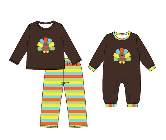 ( Moq 5 Each Style ) Sibling Baby Boys Kids Long Sleeves turkey Thanksgiving Romper Set Clothes