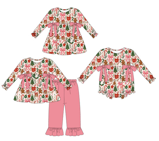( Moq 5 Each Style ) Sibling Baby Girls Kids Christmas Gingerbread Bows Romper Dress Set Clothes