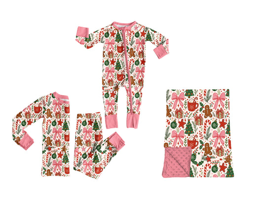 ( Moq 5 ) Sibling Baby Girls Kids Christmas Gingerbread Bows Zipper Romper Set Blanket Clothes