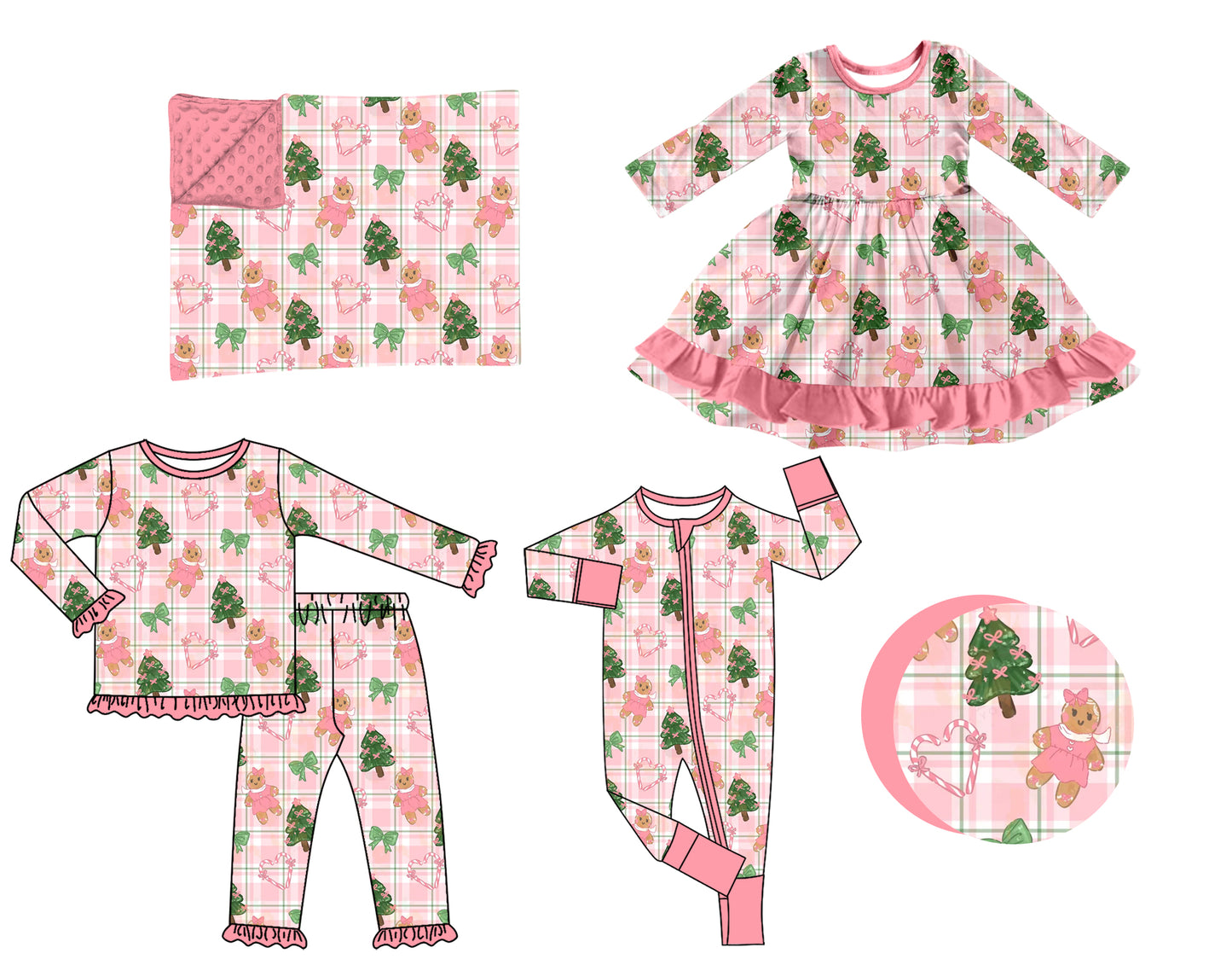 ( Moq 5 ) Sibling Baby Girls Kids Christmas Gingerbread Tree Zipper Romper Dress Set Blanket Clothes