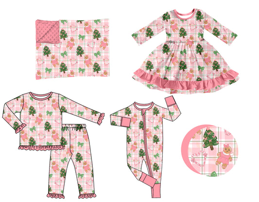 ( Moq 5 ) Sibling Baby Girls Kids Christmas Gingerbread Tree Zipper Romper Dress Set Blanket Clothes
