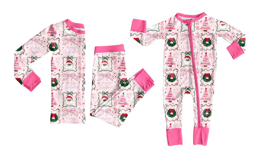 ( Moq 5 ) Sibling Baby Girls Kids Christmas Santa Bows Zipper Pajamas Romper Set Pink Clothes