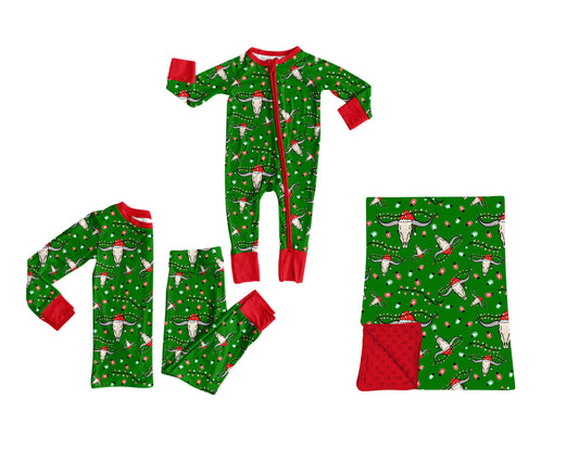 ( Moq 5 ) Sibling Baby Boys Kids Long Sleeves Christmas Cow Zipper Romper Set Blanket Green Clothes
