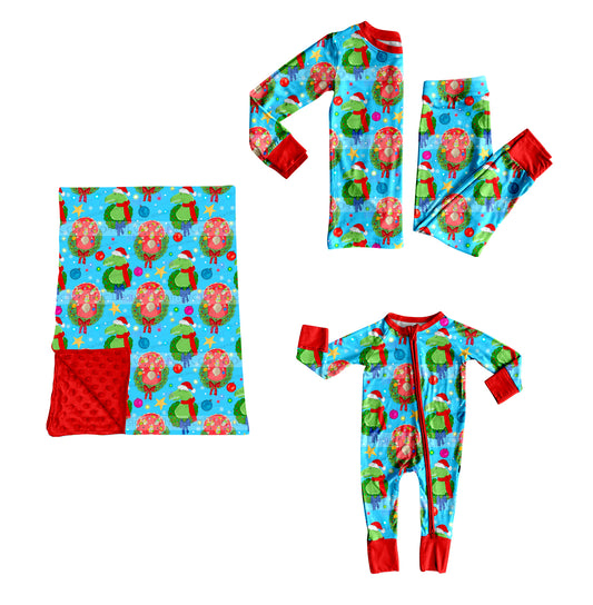 ( Moq 5 ) Sibling Baby Boys Kids Long Sleeves Christmas Zipper Romper Set Blanket Green Clothes