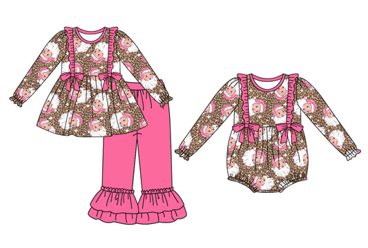 ( Moq 5 Each Style ) Sibling Baby Girls Kids Christmas Santa Leopard Bows Romper Set Clothes