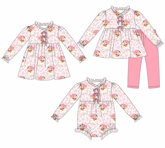 ( Moq 5 Each Style ) Sibling Baby Girls Kids Christmas Santa Leopard Bows Romper Dress Set Clothes