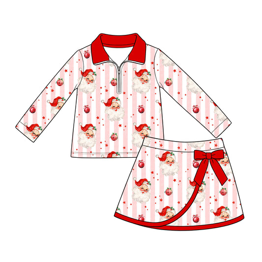 ( Moq 5 ) Baby Girls Kids Christmas Santa Stripes Zipper Shirt Bows Skirt Shorts Set Clothes